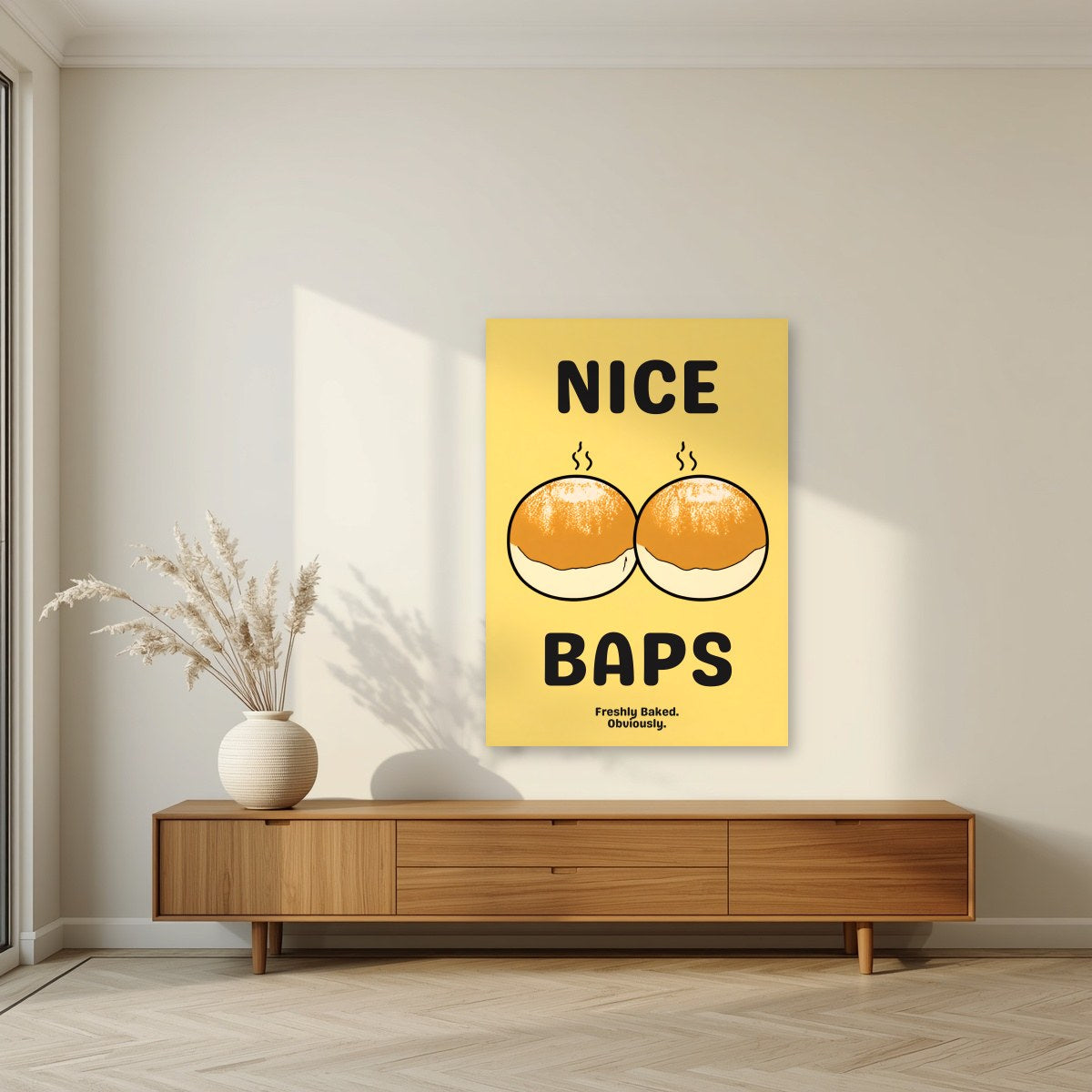 Nice Baps – Chippy Gold art print, unframed poster, styled in a living room