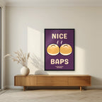 Nice Baps – Damson art print, in a black frame, styled in a living room