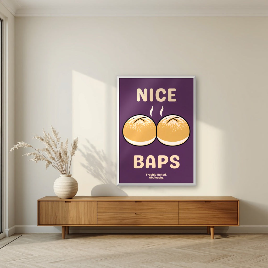 Nice Baps – Damson art print, in a white frame, styled in a living room