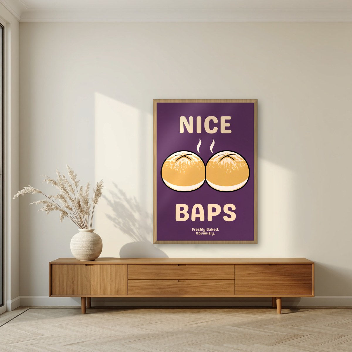 Nice Baps – Damson art print, in an oak frame, styled in a living room