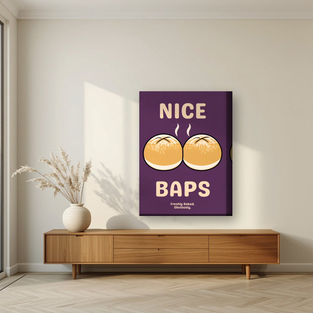 Nice Baps – Damson art print, on thick canvas, styled in a living room