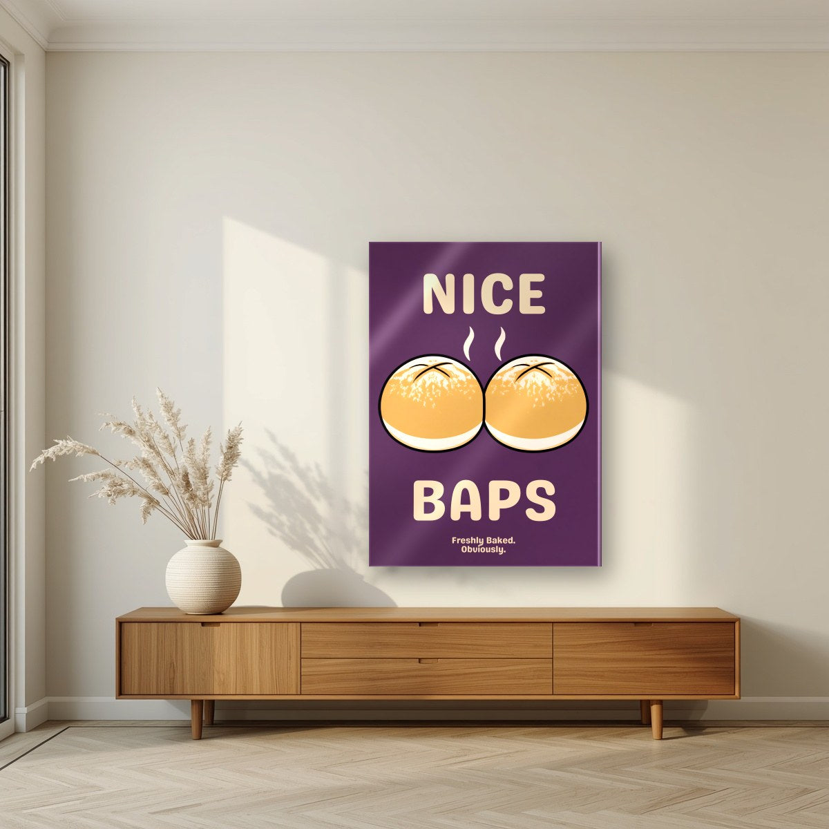 Nice Baps – Damson art print, as an acrylic print, styled in a living room