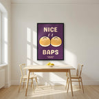 Nice Baps – Damson art print, in a black frame, styled in a kitchen