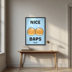 Nice Baps – Deckchair Blue art print, in a black frame, styled in a desk