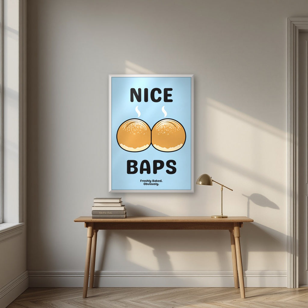 Nice Baps – Deckchair Blue art print, in a white frame, styled in a desk