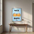 Nice Baps – Deckchair Blue art print, in an oak frame, styled in a desk