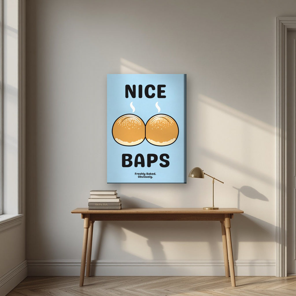 Nice Baps – Deckchair Blue art print, on slim canvas, styled in a desk
