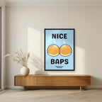 Nice Baps – Deckchair Blue art print, in a black frame, styled in a living room