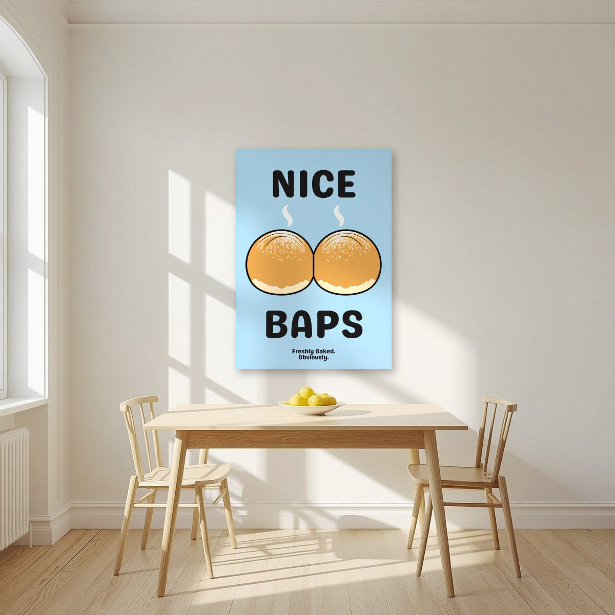 Nice Baps – Deckchair Blue art print, unframed poster, styled in a kitchen