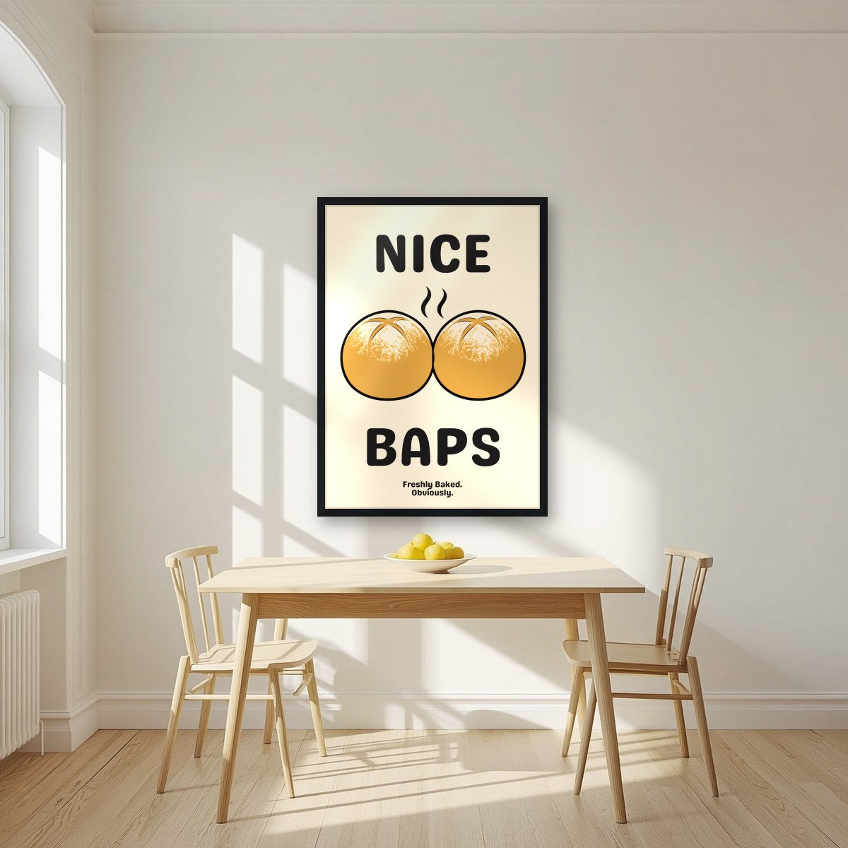 Nice Baps – Flour Cream art print, in a black frame, styled in a kitchen