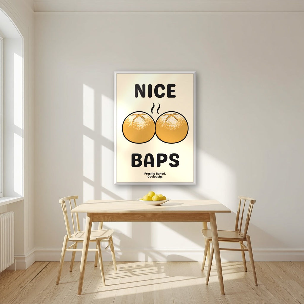 Nice Baps – Flour Cream art print, in a white frame, styled in a kitchen