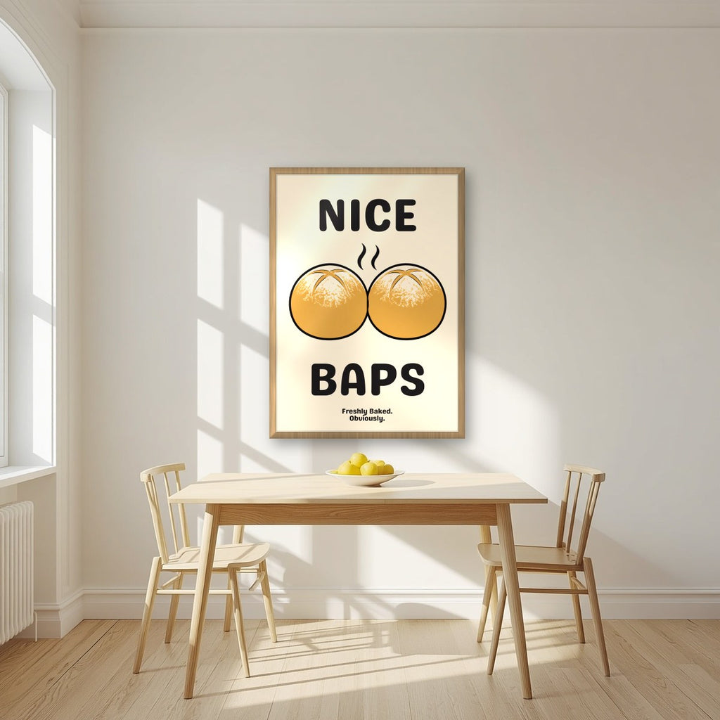 Nice Baps – Flour Cream art print, in an oak frame, styled in a kitchen