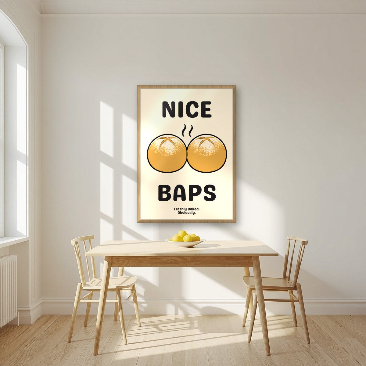 Nice Baps – Flour Cream art print, in an oak frame, styled in a kitchen