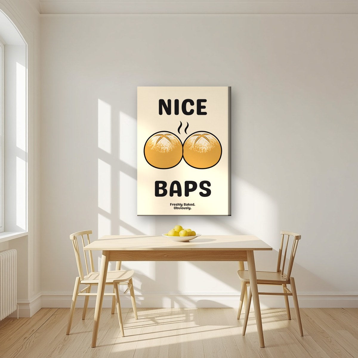 Nice Baps – Flour Cream art print, on slim canvas, styled in a kitchen