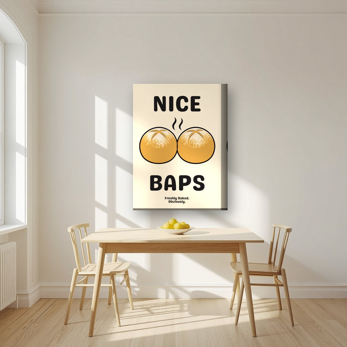 Nice Baps – Flour Cream art print, on thick canvas, styled in a kitchen