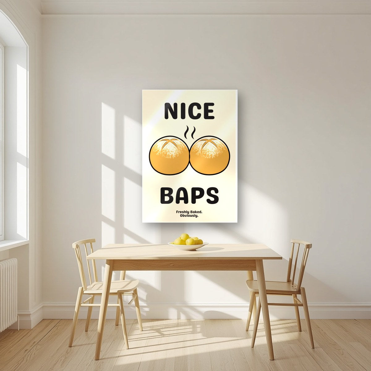 Nice Baps – Flour Cream art print, as an acrylic print, styled in a kitchen