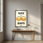Nice Baps – Flour Cream art print, in a black frame, styled in a desk