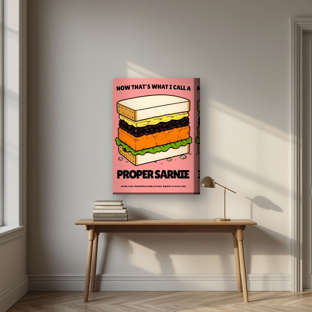 Now That's What I Call a Proper Sarnie – Battenberg Pink art print, on thick canvas, styled in a desk