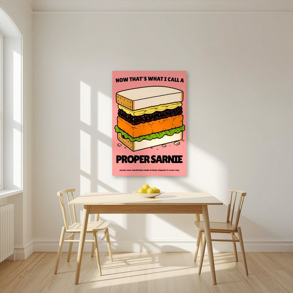 Now That's What I Call a Proper Sarnie – Battenberg Pink art print, unframed poster, styled in a kitchen