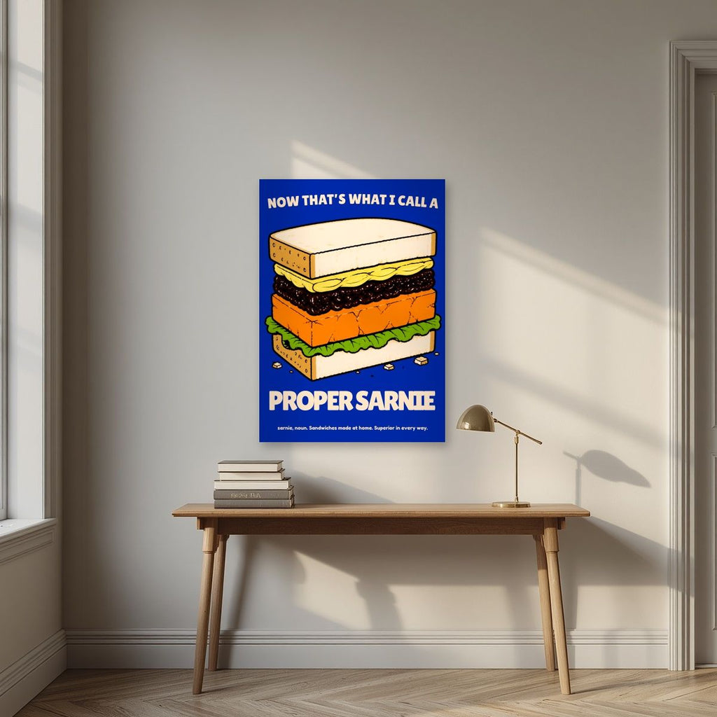 Now That's What I Call a Proper Sarnie – Deckchair Navy art print, unframed poster, styled in a desk