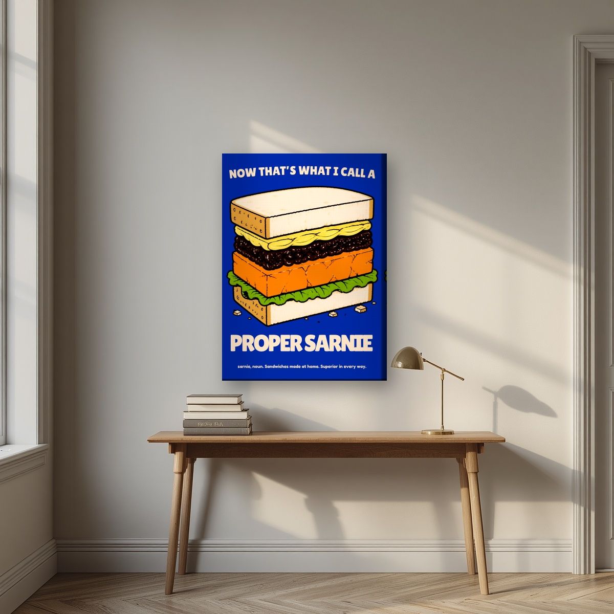 Now That's What I Call a Proper Sarnie – Deckchair Navy art print, on slim canvas, styled in a desk