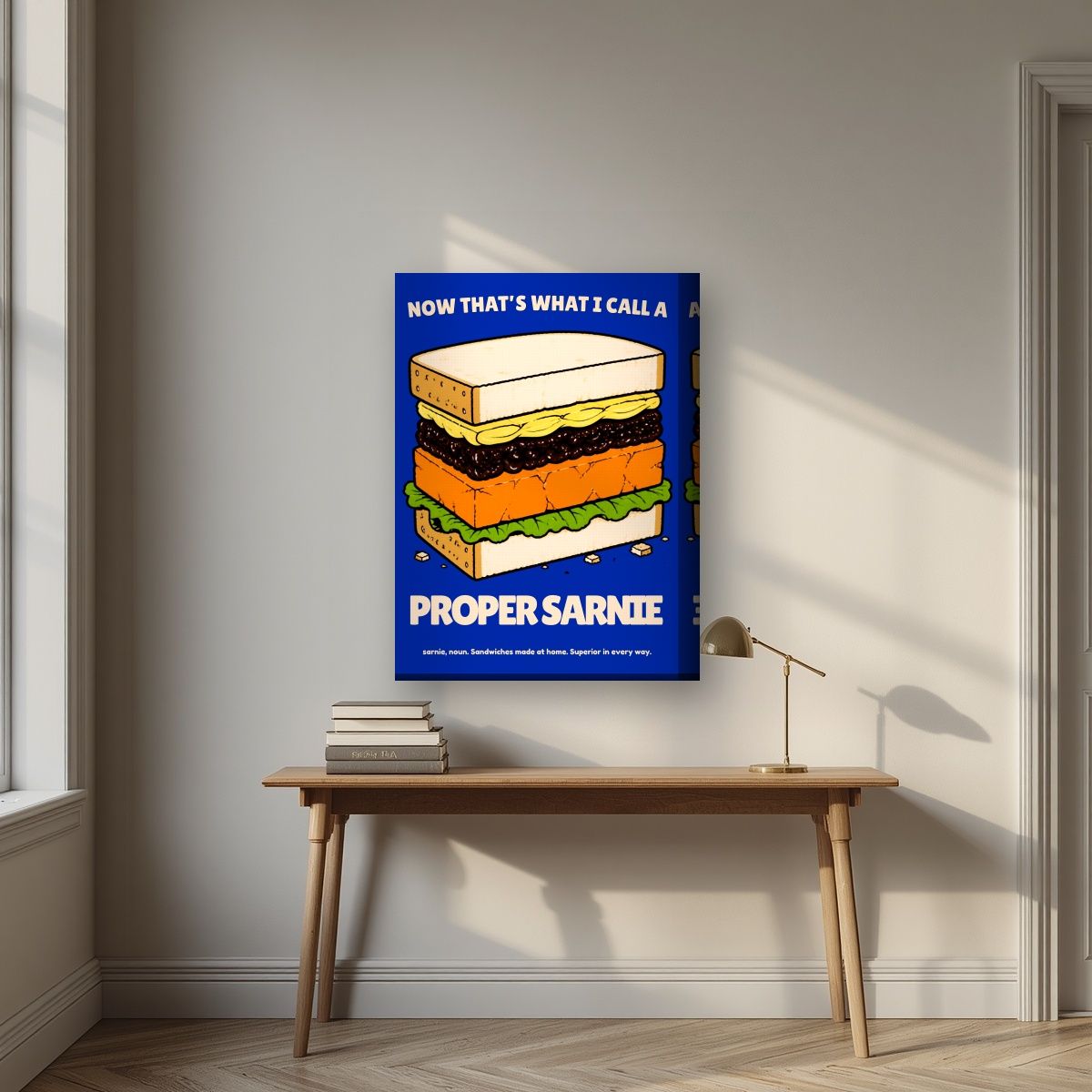 Now That's What I Call a Proper Sarnie – Deckchair Navy art print, on thick canvas, styled in a desk