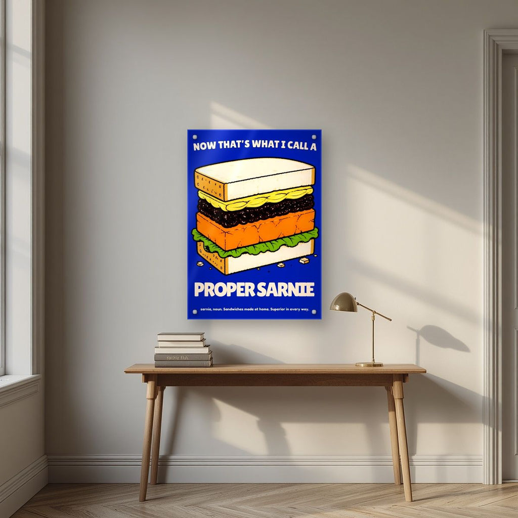 Now That's What I Call a Proper Sarnie – Deckchair Navy art print, as an acrylic print, styled in a desk