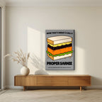 Now That's What I Call a Proper Sarnie – Drizzle Grey art print, on slim canvas, styled in a living room
