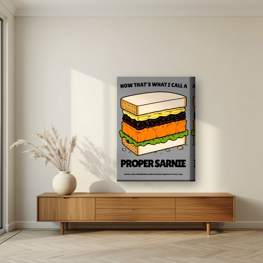 Now That's What I Call a Proper Sarnie – Drizzle Grey art print, on thick canvas, styled in a living room