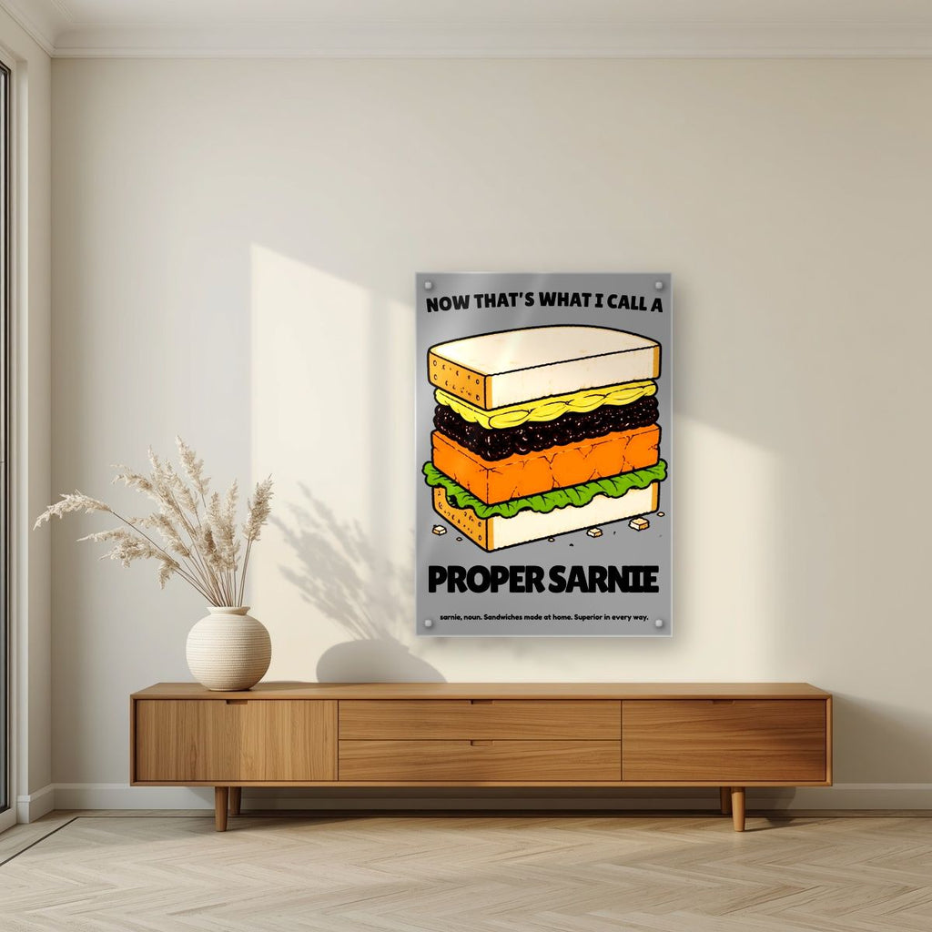 Now That's What I Call a Proper Sarnie – Drizzle Grey art print, as an acrylic print, styled in a living room