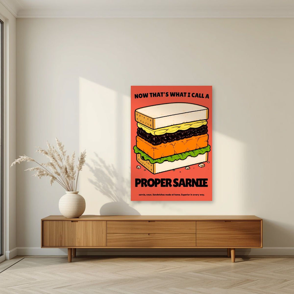 Now That's What I Call a Proper Sarnie – Ketchup Coral art print, unframed poster, styled in a living room