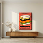 Now That's What I Call a Proper Sarnie – Ketchup Coral art print, on thick canvas, styled in a living room
