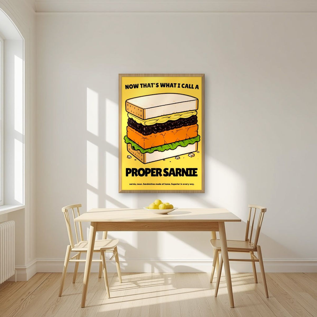 Now That's What I Call a Proper Sarnie – Piccalilli art print, in an oak frame, styled in a kitchen