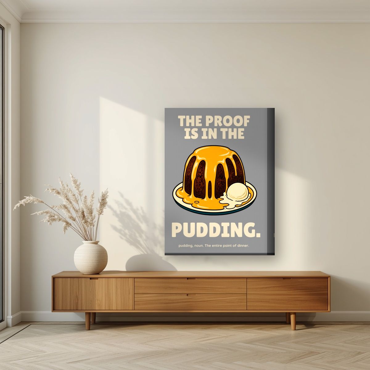 The Proof Is In The Pudding – Cobblestone Grey art print, on thick canvas, styled in a living room