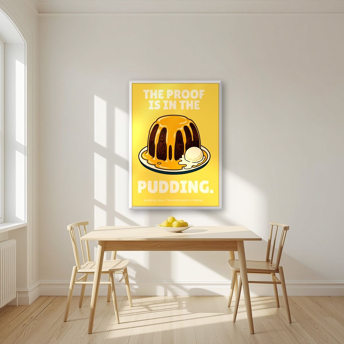 The Proof Is In The Pudding – Custard Gold art print, in a white frame, styled in a kitchen