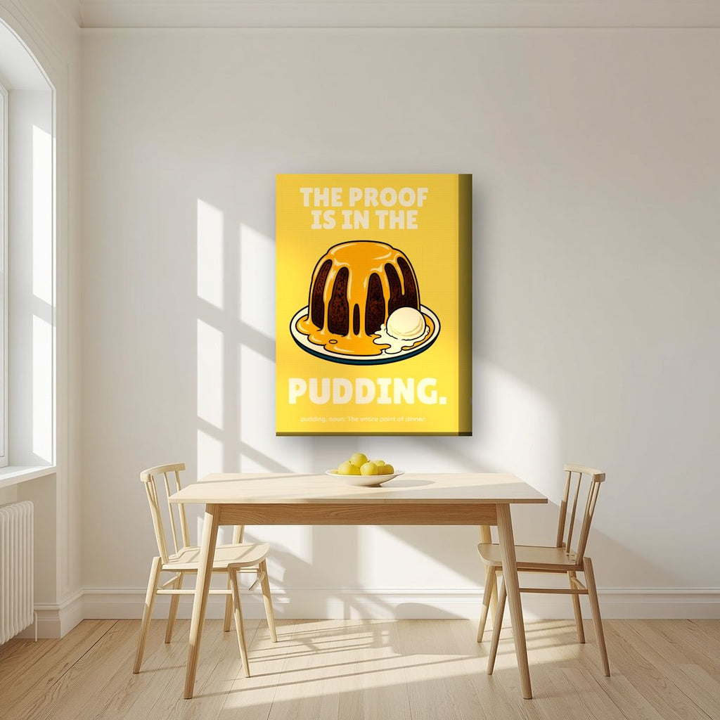 The Proof Is In The Pudding – Custard Gold art print, on thick canvas, styled in a kitchen