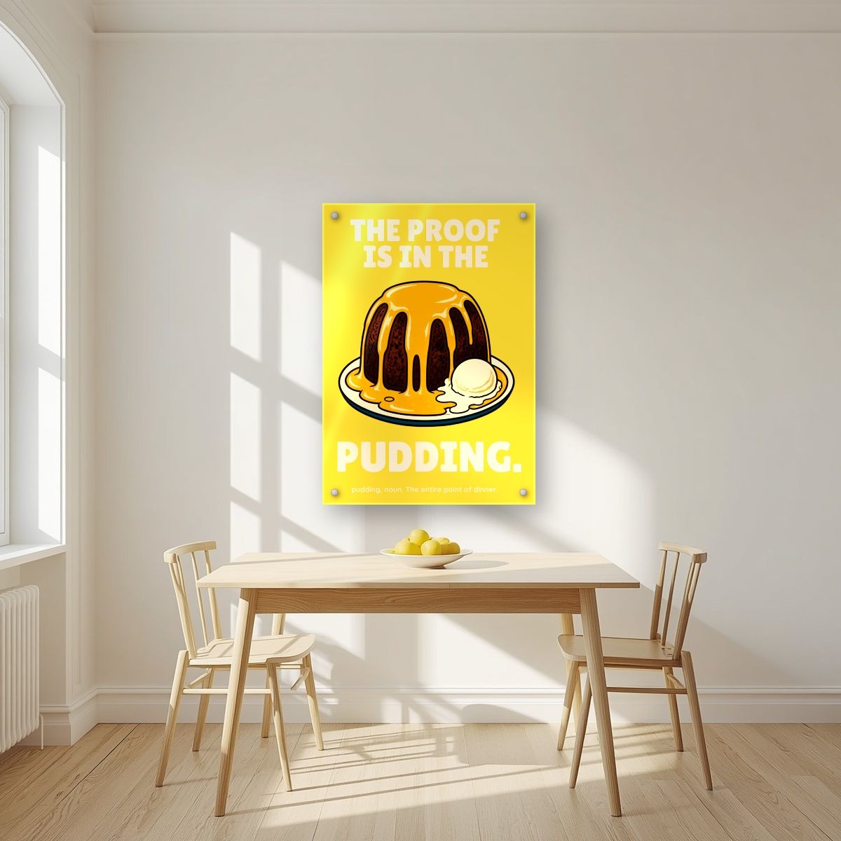 The Proof Is In The Pudding – Custard Gold art print, as an acrylic print, styled in a kitchen
