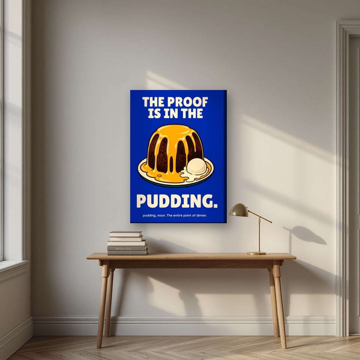 The Proof Is In The Pudding – Inkwell Blue art print, on slim canvas, styled in a desk
