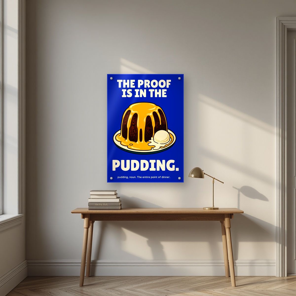 The Proof Is In The Pudding – Inkwell Blue art print, as an acrylic print, styled in a desk