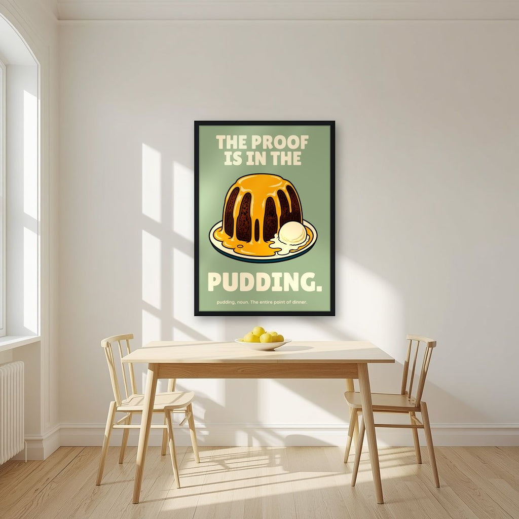 The Proof Is In The Pudding – Orchard Sage art print, in a black frame, styled in a kitchen