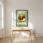 The Proof Is In The Pudding – Orchard Sage art print, in a black frame, styled in a kitchen