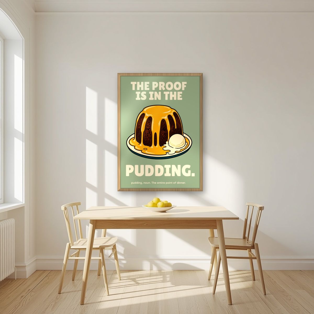 The Proof Is In The Pudding – Orchard Sage art print, in an oak frame, styled in a kitchen