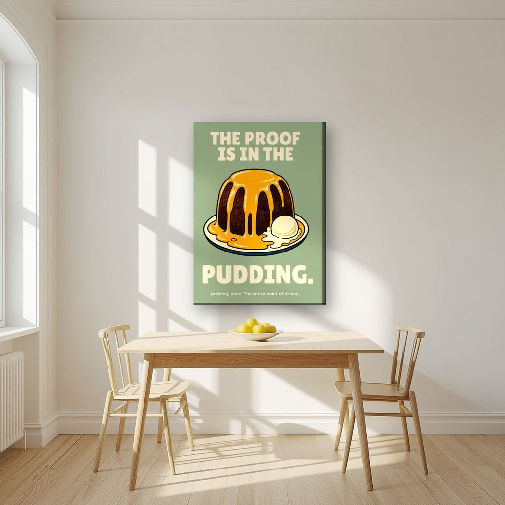 The Proof Is In The Pudding – Orchard Sage art print, on slim canvas, styled in a kitchen