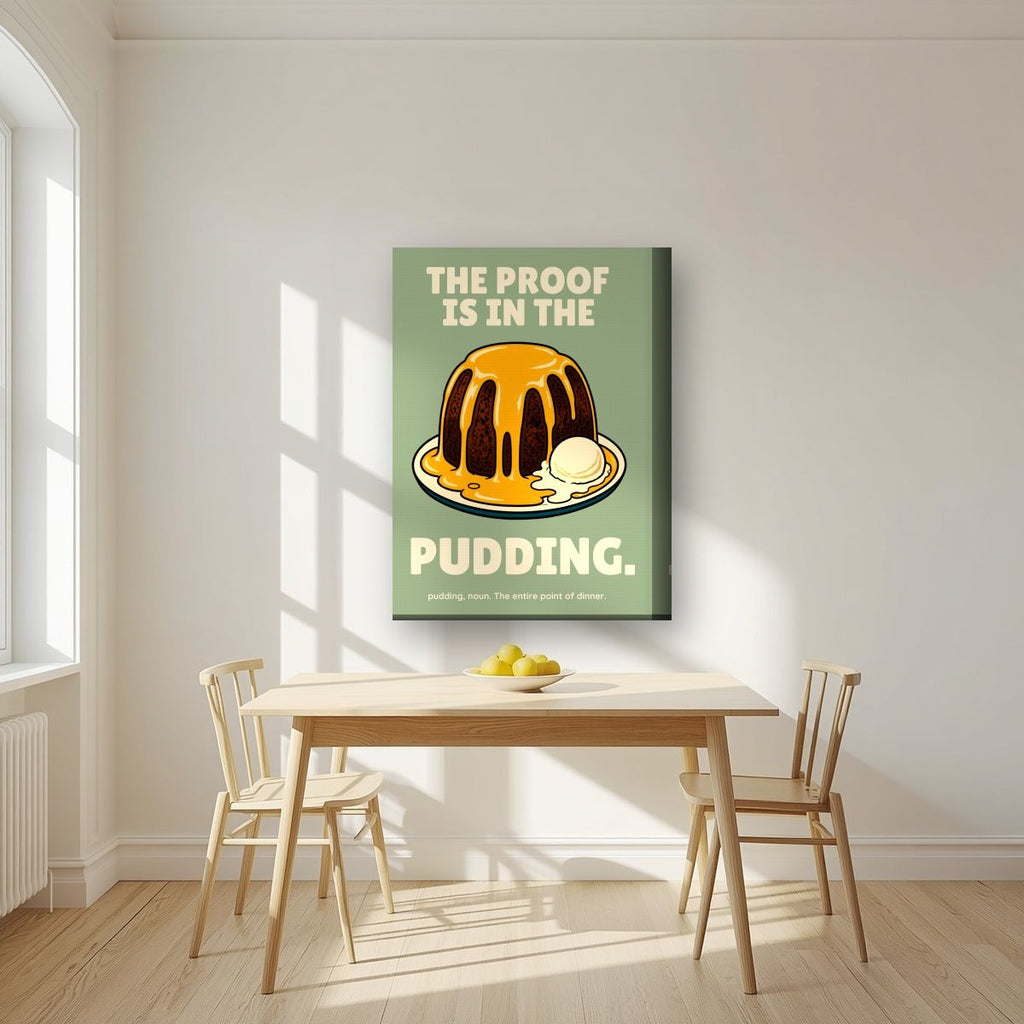The Proof Is In The Pudding – Orchard Sage art print, on thick canvas, styled in a kitchen