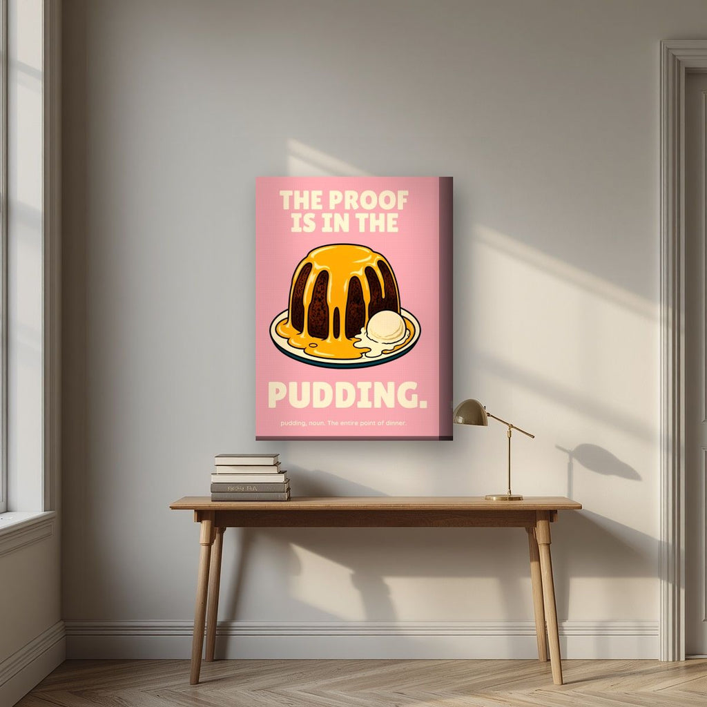 The Proof Is In The Pudding – Positano Pink art print, on thick canvas, styled in a desk