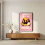 The Proof Is In The Pudding – Positano Pink art print, in a black frame, styled in a living room