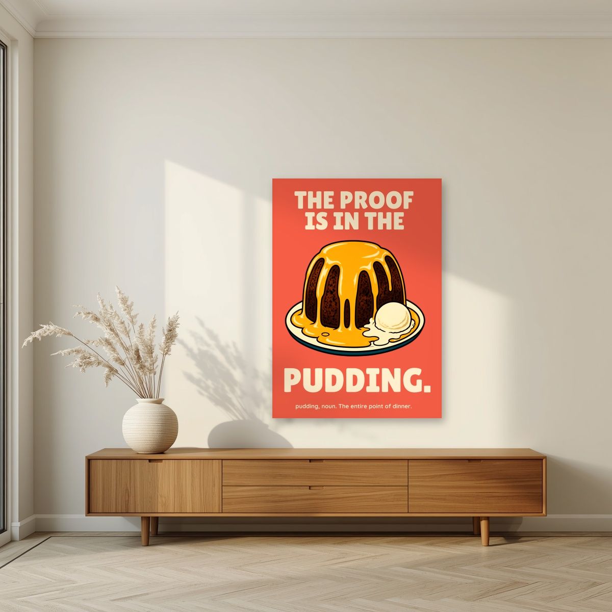The Proof Is In The Pudding – Sunset Coral art print, unframed poster, styled in a living room