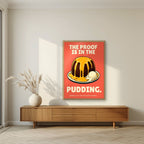 The Proof Is In The Pudding – Sunset Coral art print, in an oak frame, styled in a living room