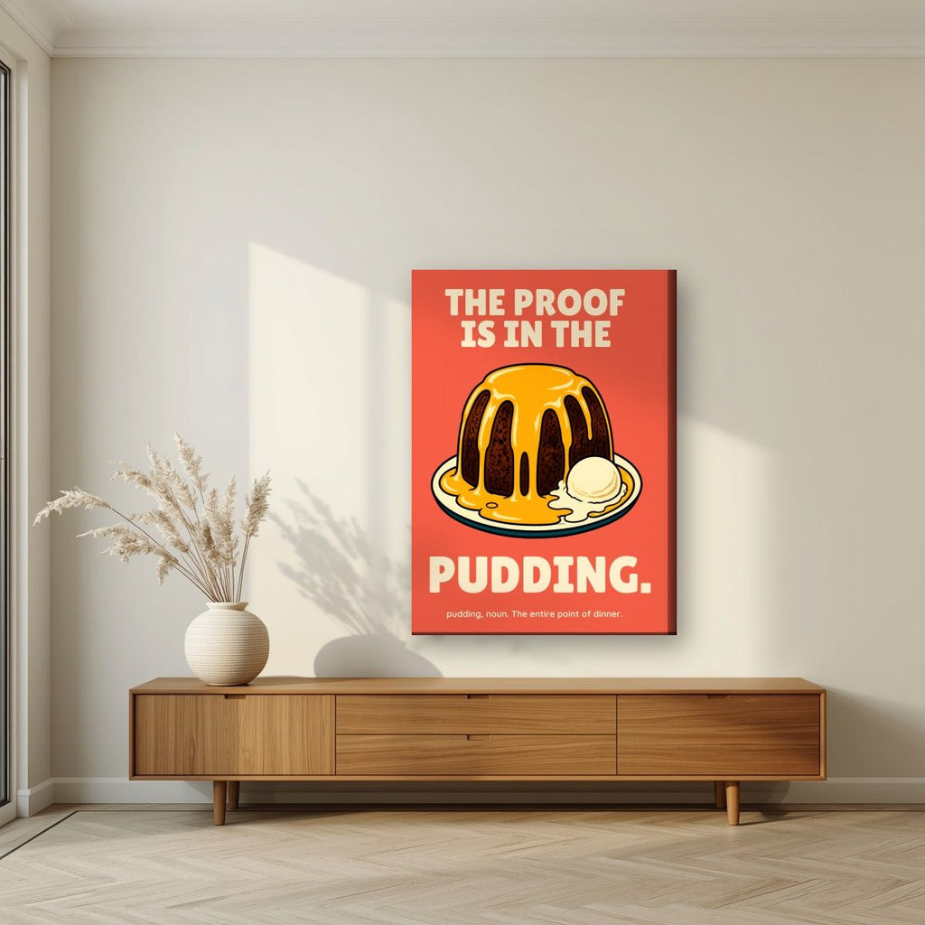 The Proof Is In The Pudding – Sunset Coral art print, on slim canvas, styled in a living room