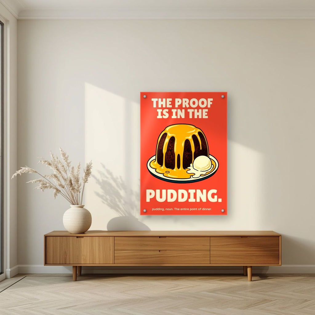 The Proof Is In The Pudding – Sunset Coral art print, as an acrylic print, styled in a living room